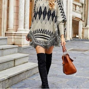 Black Taupe Fringed Maxi Cuff Poncho